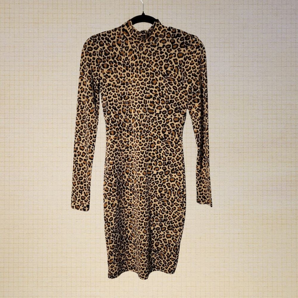 y2k Bardot Leopard Print Bodycon Dress Turtleneck Long Sleeve Size 4
